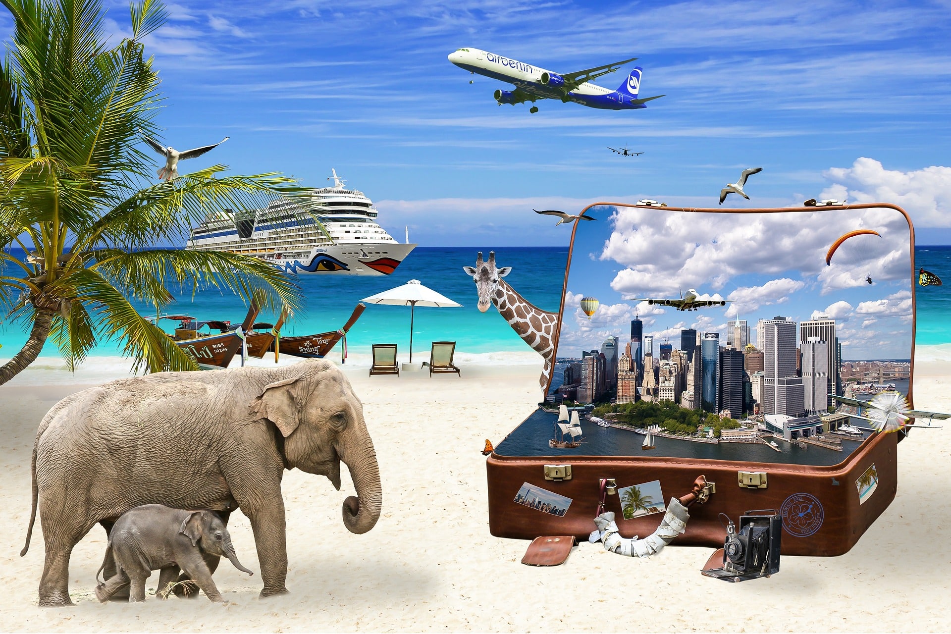 Urlaubscollage mit Bildern von Elefanten, Koffer, Palme, Flugzeug u.v.m.